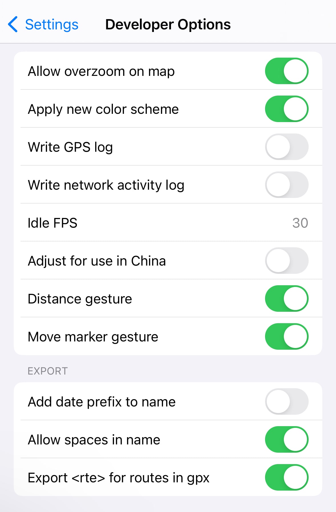 Параметры распрацоўшчыка на iOS