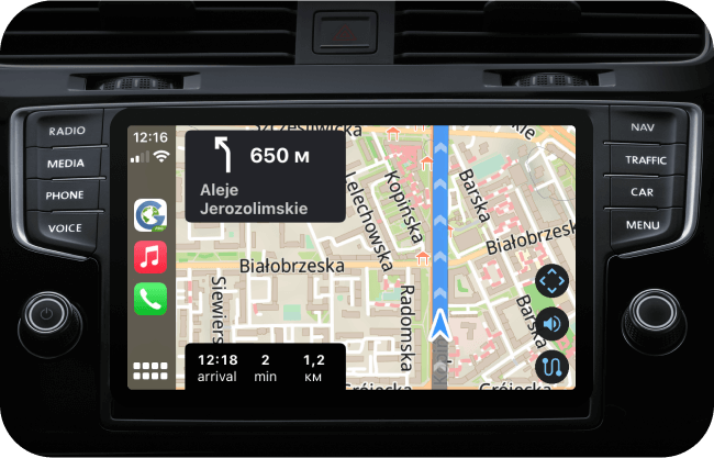 Навігацыя Guru Maps на дысплеі аўтамабіля