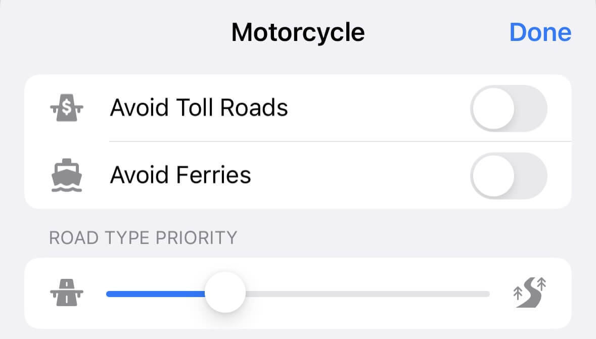 Opciones de itinerario en moto
