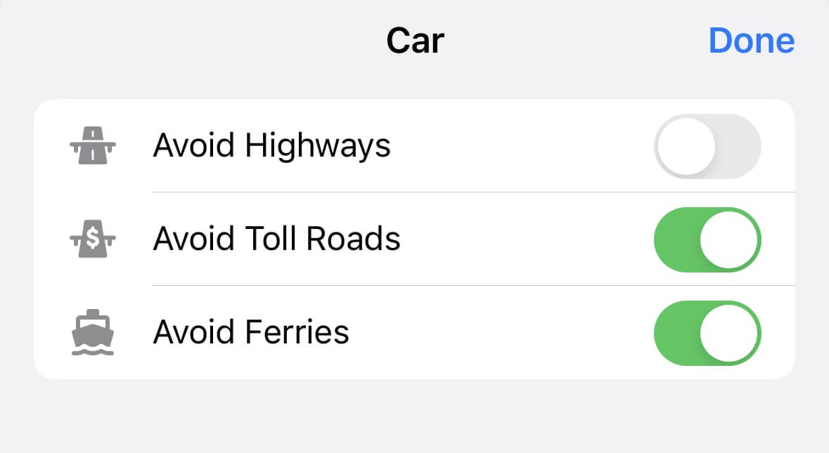 Opções de itinerário de carro